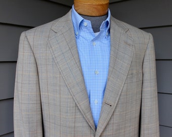vintage 1990's -Norman Hilton- Ivy style sport coat. 3 / 2 roll - sack front.  Wool / Mohair blend - Multi-color windowpane. 40 - 41 Long