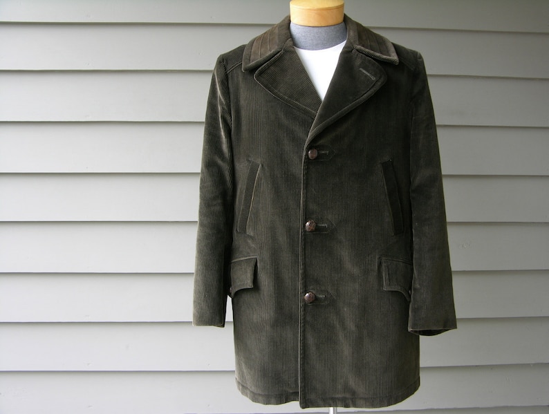 vintage 1980s olive green car coat Lester Hayatt corduroy barn jacket swing coat M OSFM