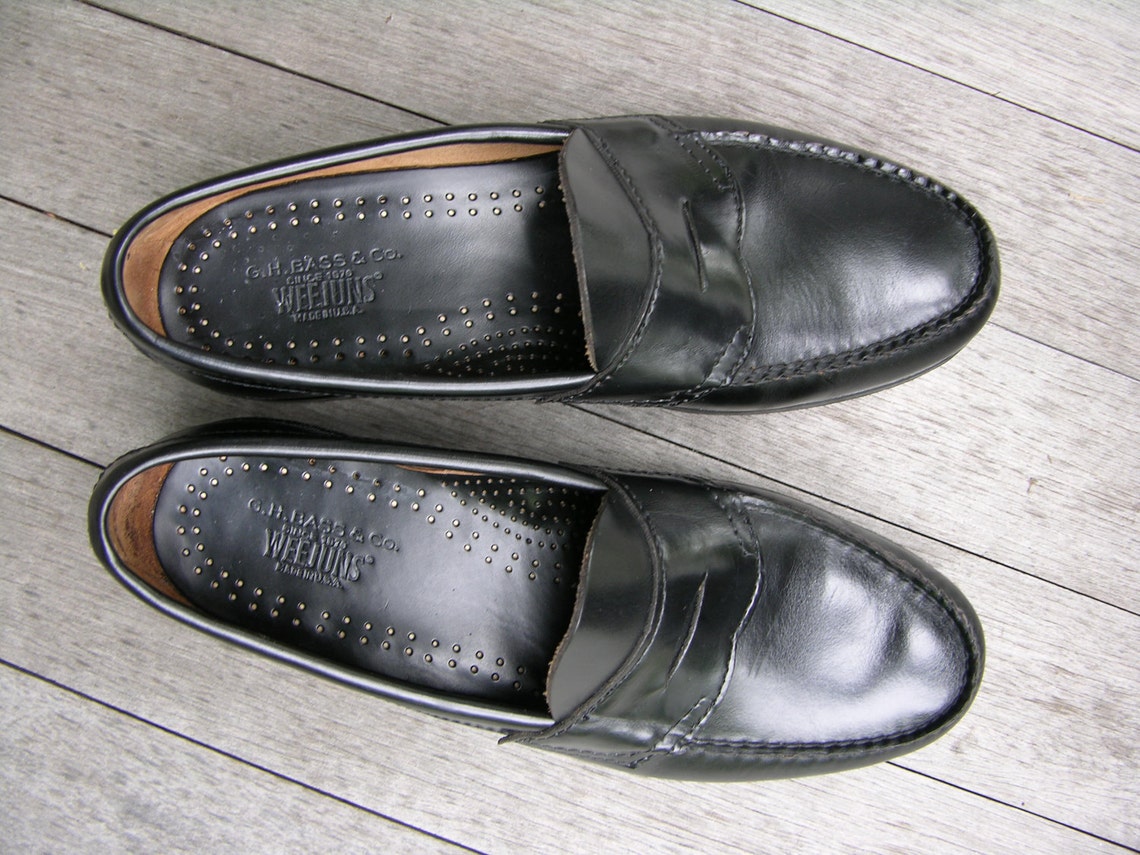 Vintage Bass Weejuns Penny Loafers. Gloss Black All leather. Etsy