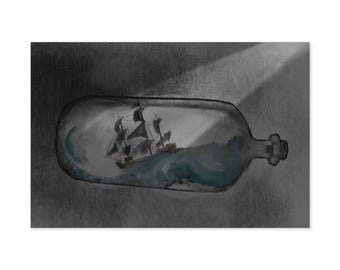 Póster de barco en una botella / Arte mural náutico, ilustración marítima