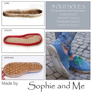 May include: Four different types of outsoles for shoes: cord, crochet, doormat, and flip-flop. The text reads "4 OUTSOLES For protection and street wear. CORD-SOLES CROCHET SOLES DOOR-MAT SOLES FLIP-FLOP SOLES".
