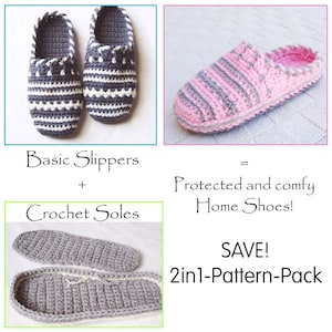Puede incluir: Dos pares de zapatillas de crochet, una gris y blanca, la otra rosa y gris. La imagen también muestra dos suelas de crochet grises. El texto en la imagen dice "Basic Slippers + Crochet Soles = Protected and comfy Home Shoes! SAVE! 2in1-Pattern-Pack"