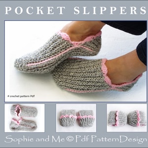 Könnte beinhalten: Häkelanleitung für graue und rosa Taschen-Hausschuhe. Die Anleitung enthält Anweisungen zum Herstellen der Hausschuhe mit rosa Besatz. #crochetpatternPdf