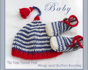 E-Book Tip Top Tassel Hat and  Wrap and Buttoned Crochet Booties - 2 patterns - Instant Download Pdfs