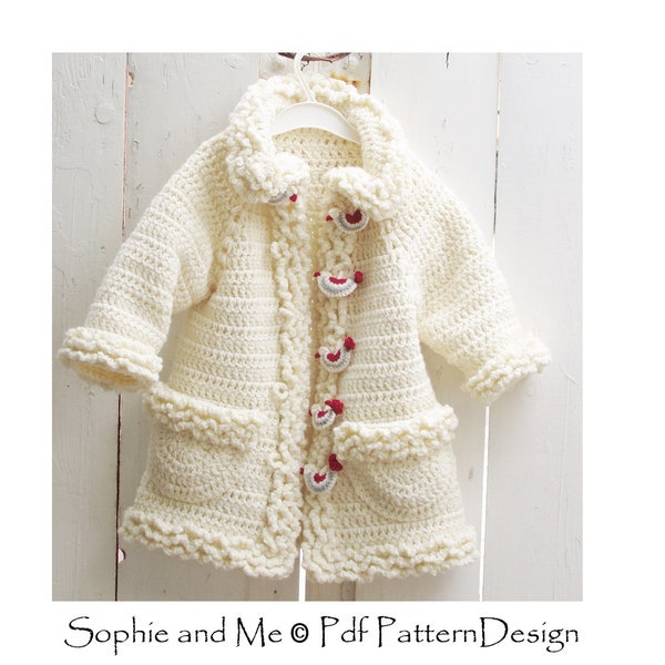 Manteau Sophie avec boutons oiseaux - Cardigan pour filles - PATRON au crochet - Téléchargement immédiat