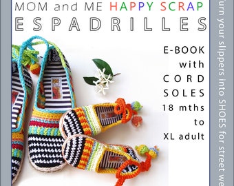 E-BOOK for Mom and Me Happy Scrap Crochet-Slippers,  included CORD-Soles tutorial - Instant Download Pdfs