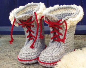 Kids Winter Boot-Slippers with Fur and Laces - Crochet Pattern - Instant Download Pdf