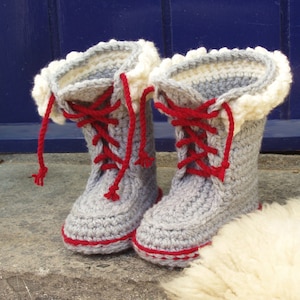 Kids Winter Boot-Slippers with Fur and Laces Crochet Pattern Instant Download Pdf image 1