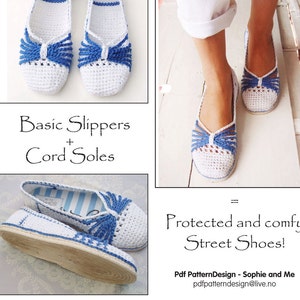 E-BOOK for Blue Bow Slippers crochet Pattern included Tailored CORD-Soles  - Instant Download