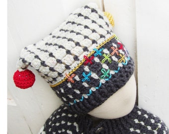 Fair Isle Hat with Crochet Balls and embellishing embroidery - Crochet Pattern - Instant Download Pdf