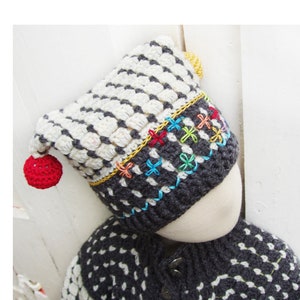 Fair Isle Hat with Crochet Balls and embellishing embroidery Crochet Pattern Instant Download Pdf image 1