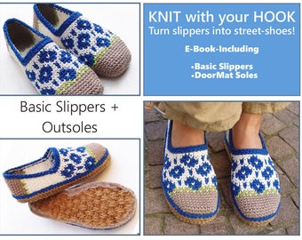E-Book Spring-Flower Crochet Slippers - and Customized Door-Mat-Soles - 2 patterns - Instant Download Pdfs