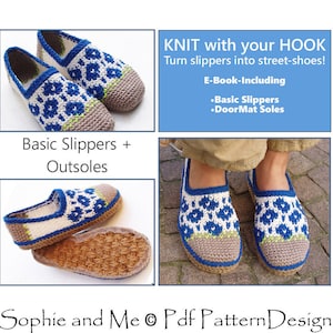 E-Book Spring-Flower Crochet Slippers - and Customized Door-Mat-Soles - 2 patterns - Instant Download Pdfs