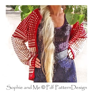 Può includere: Un cardigan di maglia rosso e bianco con chiusura a bottoni. Il cardigan presenta un motivo geometrico ed è indossato sopra un top nero con paillettes.