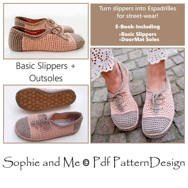 E-Book Lace-Up Classics - Crochet Slippers - and Customized Door-Mat-Soles - 2 patterns - Instant Download Pdfs
