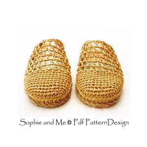 May include: A pair of beige crocheted slippers with a woven design and a colorful striped pattern on the top.