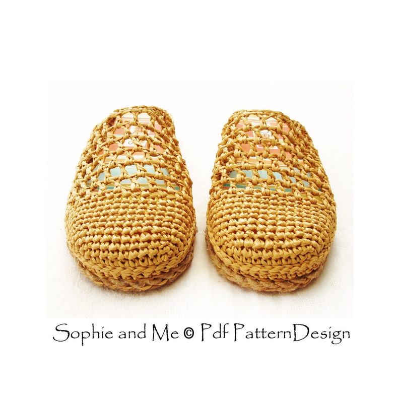 May include: A pair of beige crocheted slippers with a woven design and a colorful striped pattern on the top.