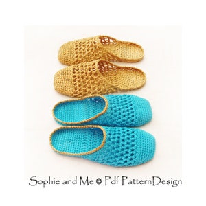May include: Two pairs of crocheted slippers. One pair is a light blue color and the other pair is a light brown color. The slippers are made with a simple stitch pattern and have a crocheted trim around the edges. The slippers are laid out on a white surface.  Sophie and Me &copy; Pdf Pattern Design