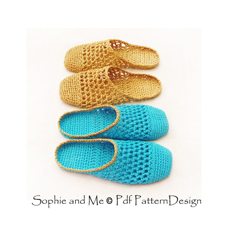 May include: Two pairs of crocheted slippers. One pair is a light blue color and the other pair is a light brown color. The slippers are made with a simple stitch pattern and have a crocheted trim around the edges. The slippers are laid out on a white surface.  Sophie and Me &copy; Pdf Pattern Design