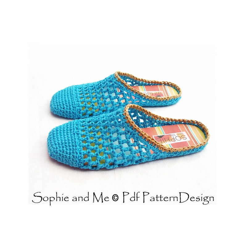 May include: A pair of crocheted blue slippers with a brown trim. The slippers have a woven pattern and are made with a soft yarn.