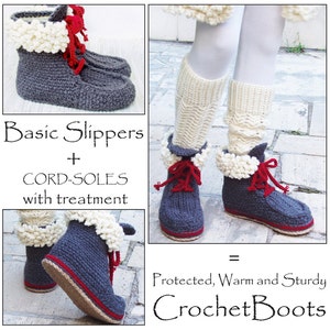 May include: Gray crochet boots with red laces and white fur trim. The boots are made with a basic slipper pattern and have a cord sole with treatment. The text "Basic Slippers + CORD-SOLES with treatment = Protected, Warm and Sturdy Crochet Boots" is displayed below the image.