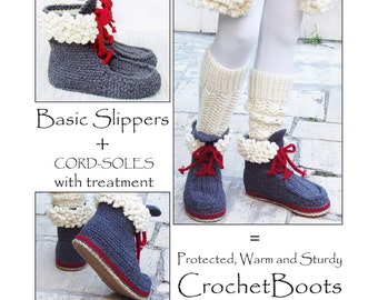 Patrón de pantuflas de invierno tejidas a crochet con suela de piel y cordón (Descargar PDF)