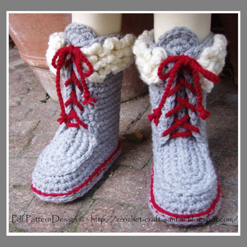Kids Winter Boot-Slippers with Fur and Laces Crochet Pattern Instant Download Pdf image 8