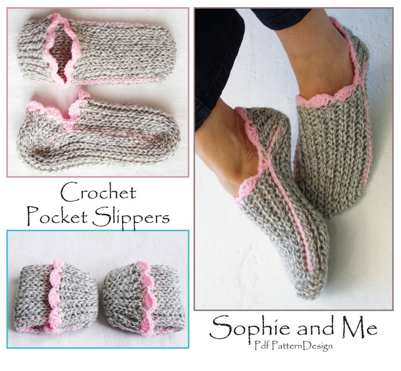Pode incluir: Padr&atilde;o de chinelos de crochet de bolso por Sophie and Me Pdf Pattern Design. A imagem mostra um par de chinelos de crochet cinzentos e cor-de-rosa com uma borda festoneada.