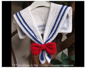 SAILOR COLLAR Crochet Pattern with Red Bow for Nautical Dress - Instant Download