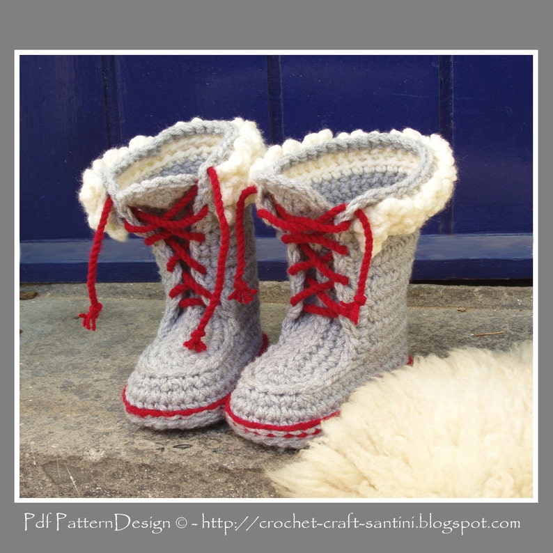 Kids Winter Boot-Slippers with Fur and Laces Crochet Pattern Instant Download Pdf image 1