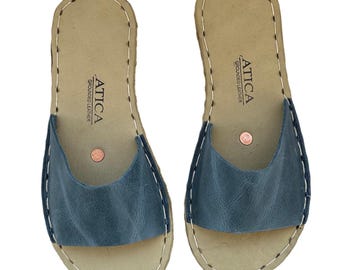 Handmade Leather Grounding Sandals for Men: Sky Blue Barefoot Design, Copper Rivets