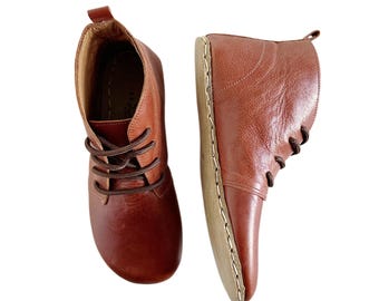 Grounding Barefoot Leather Boots Women Earthing Minimalist Wide Toe Box Antique Brown Handmade Footwear