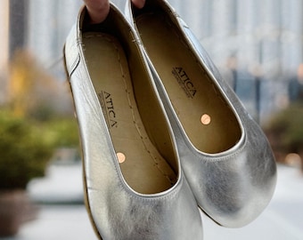 Frauen Handgefertigte Leder Erdungs Sandalen: Weiche Sohle Erdung Barfußschuhe / Tanzschuhe / Silber