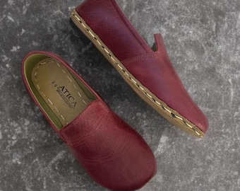 Burgundy Color Grounding Handmade Shoes Mens, Copper Grounding Leather Sole