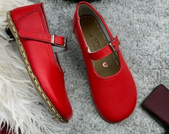Zapatos de cuero hechos a mano para mujer - Mary Janes descalzas - Rojo