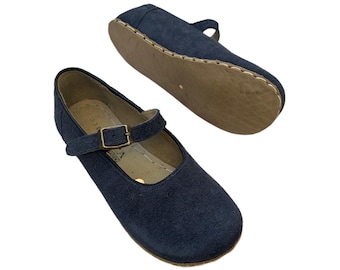 Women's Navy Blue Suede Leather Barefoot Mary Jane Grounding Flats - Handmade Earthing Shoes