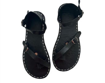 Women's Handmade Black Leather Barefoot Sandals, Zero Drop Greek Style Shoes