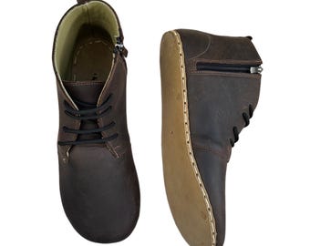 Women's Dark Brown Grounding Boots with Zipper - Handmade Leather Barefoot Shoes