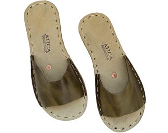 Handgjorda jordtofflor i läder för kvinnor: Jordande barfota platta tofflor i militärgröna