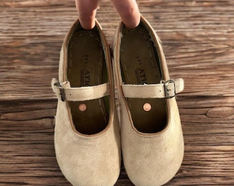 Minimalistyczne skórzane buty typu Mary Jane dla kobiet – ręcznie robione, uziemiające – nity miedziane – miękka skóra norek