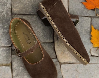Women's Handmade Dark Brown Suede Leather Grounding Shoes - Barefoot Mary Jane Flats