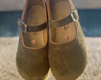 Zapatos planos de cuero hechos a mano para mujer - Estilo Mary Jane - Verde militar