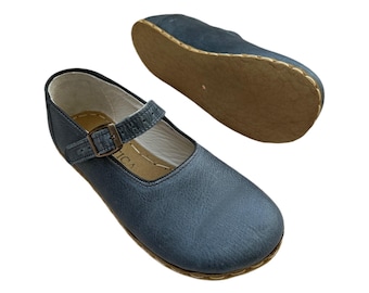 Women's Handmade Leather Grounding Shoes - Barefoot Mary Jane Flats - Blue