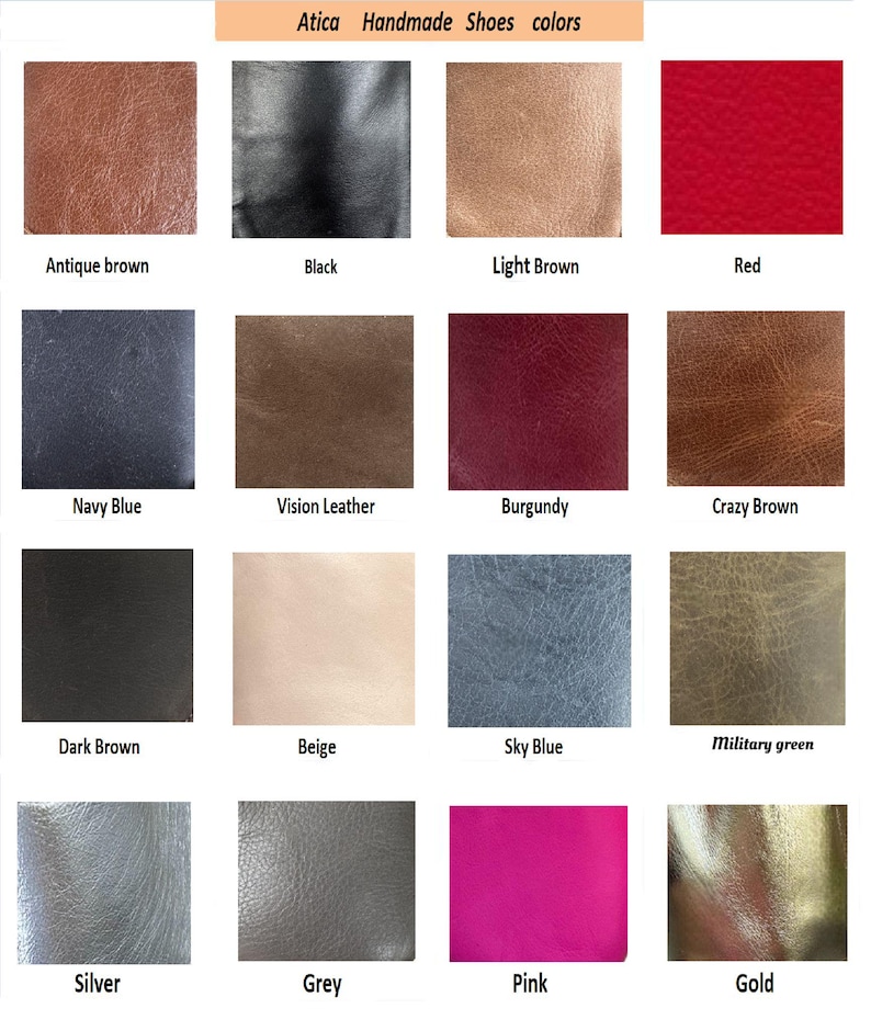 May include: A color chart for Atica Handmade Shoes, featuring swatches of various leather colors. Colors include antique brown, black, light brown, red, navy blue, vision leather, burgundy, crazy brown, dark brown, beige, sky blue, military green, silver, grey, pink, and gold.