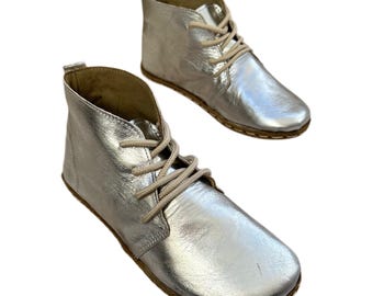 Womens Handmade Silver Leather Chelsea Boots, Ankle Barefoot Shoes