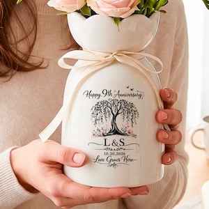 Personalized 9th Anniversary Vase, Custom Ceramic Pitcher, Willow Tree Pottery Gift for Couple