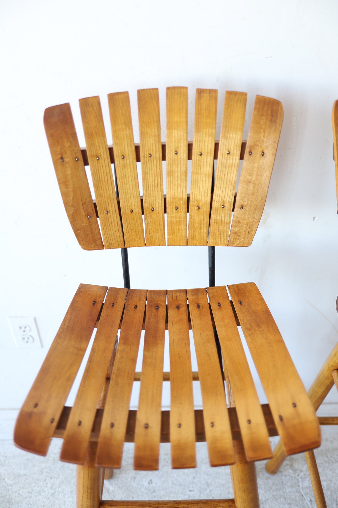 Vintage Mid Century Slat Wood Bar Stools Set of 3 Etsy