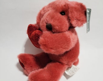 Russ Berrie Amram’s Heart Huggers Red Puppy Dog Vintage Valentine's Day Plush Toy Sparkly Glitter Heart with Tag 8 Inches