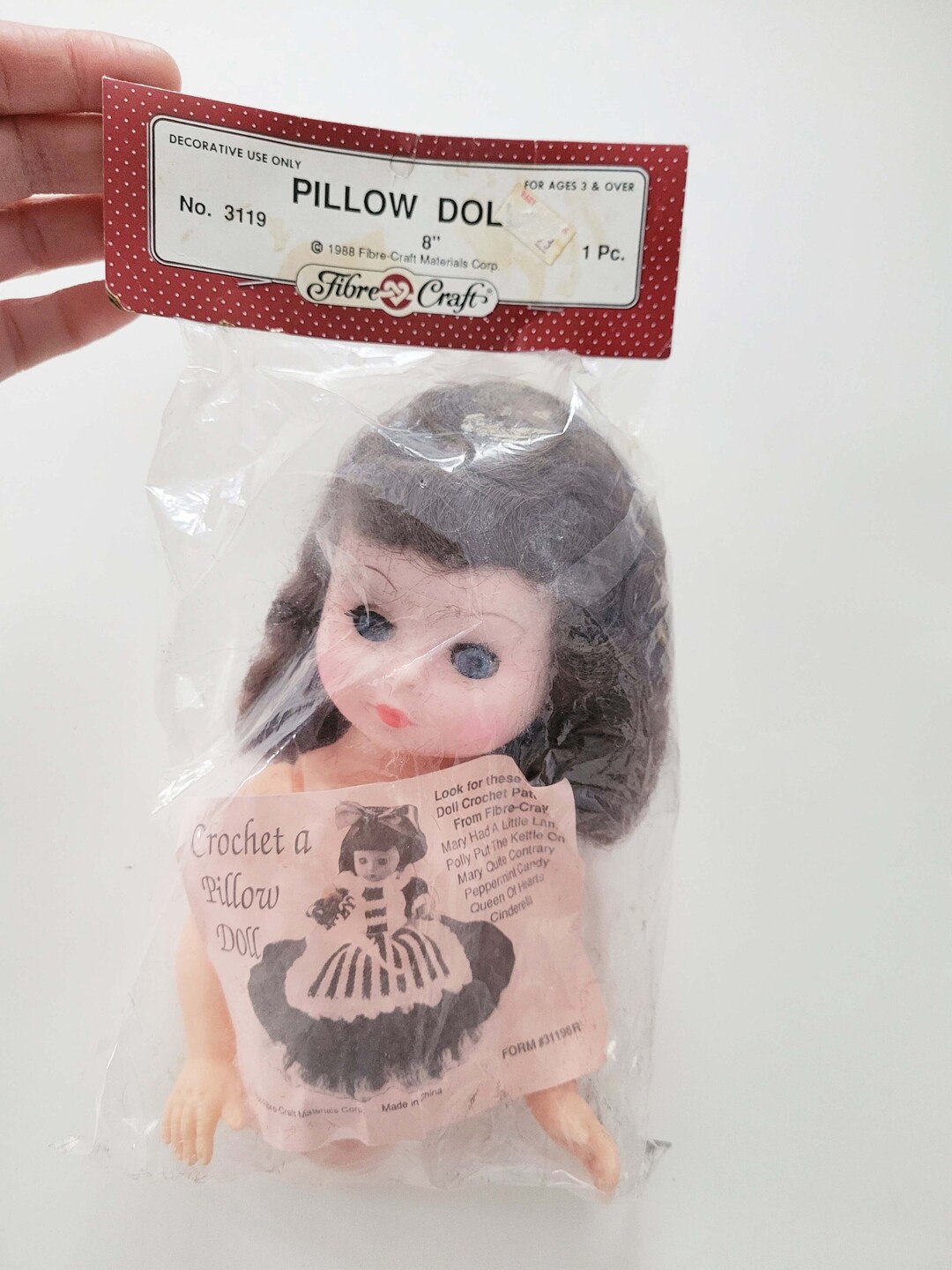 Fibre Craft Pillow Doll, Brown Hair, Blue Eyes, Vintage Craft Supplies