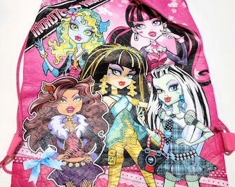 Monster High, Drawstring Backpack, Pink With Character Graphics, 12 x 11 Inches